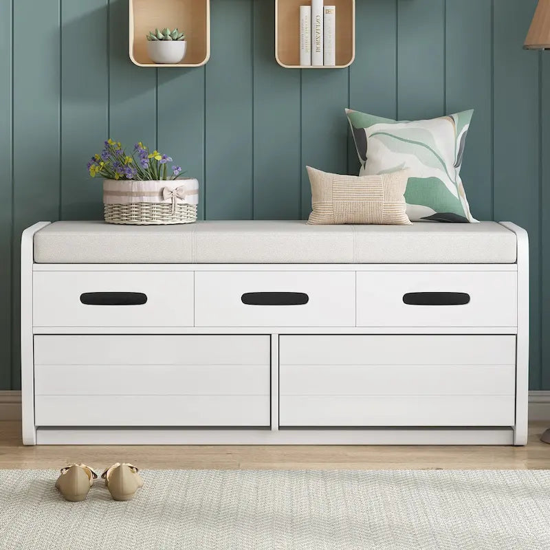 Banc de rangement rustique avec 2 tiroirs, espace de rangement dissimulé et 3 faux tiroirs sur le dessus