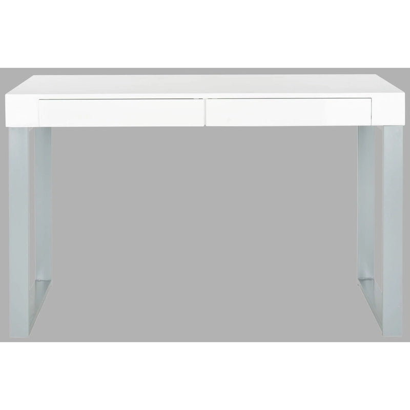 Bureau de travail moderne avec plateau laqué blanc et base en fer gris à 2 tiroirs – 47 pouces