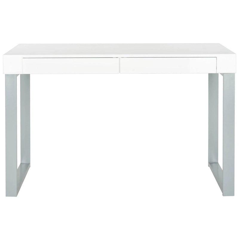 Bureau de travail moderne avec plateau laqué blanc et base en fer gris à 2 tiroirs – 47 pouces