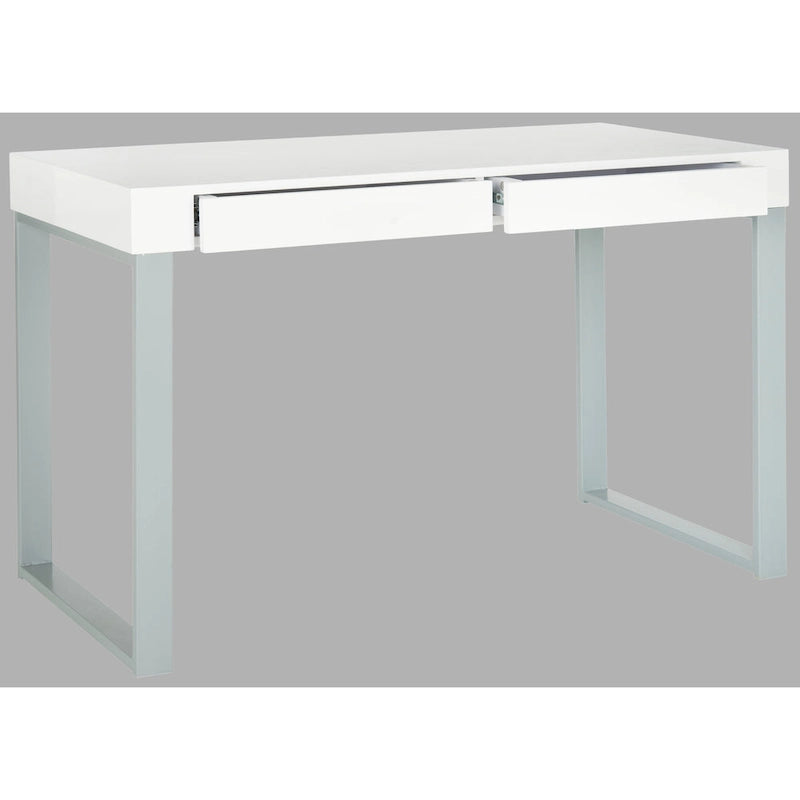 Bureau de travail moderne avec plateau laqué blanc et base en fer gris à 2 tiroirs – 47 pouces