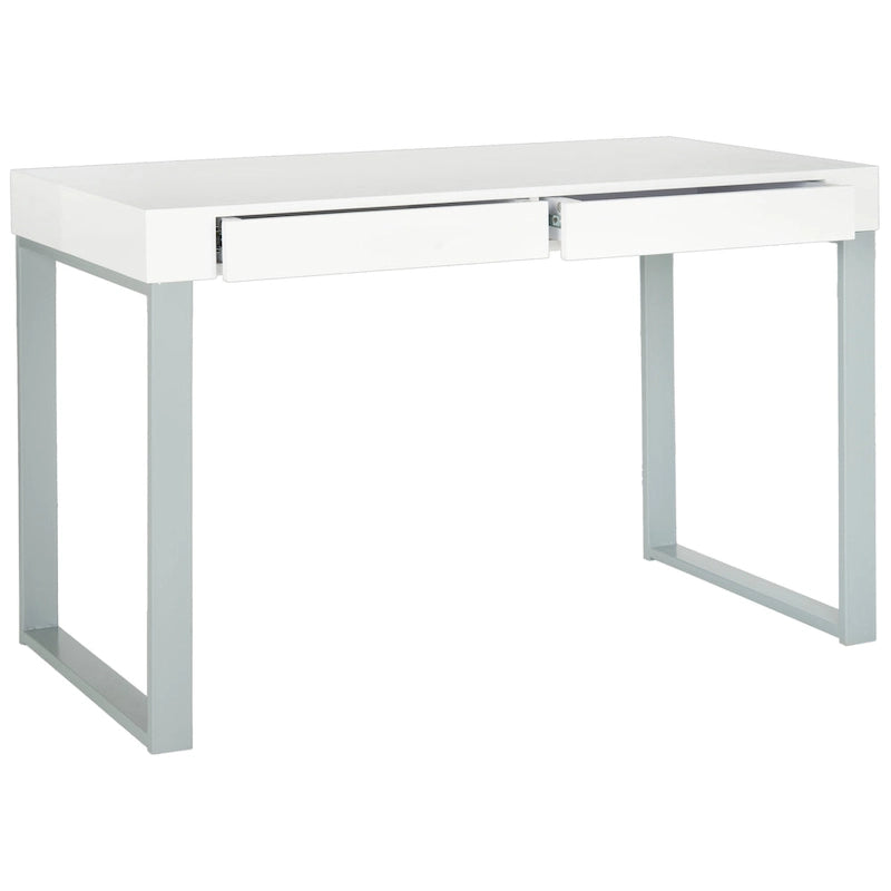 Bureau de travail moderne avec plateau laqué blanc et base en fer gris à 2 tiroirs – 47 pouces