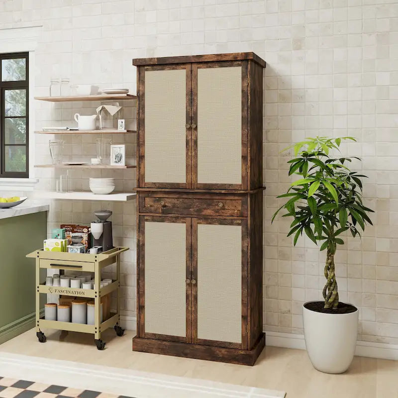 Meuble de rangement 4 portes avec 1 tiroir — En rotin synthétique, design extérieur résistant aux intempéries