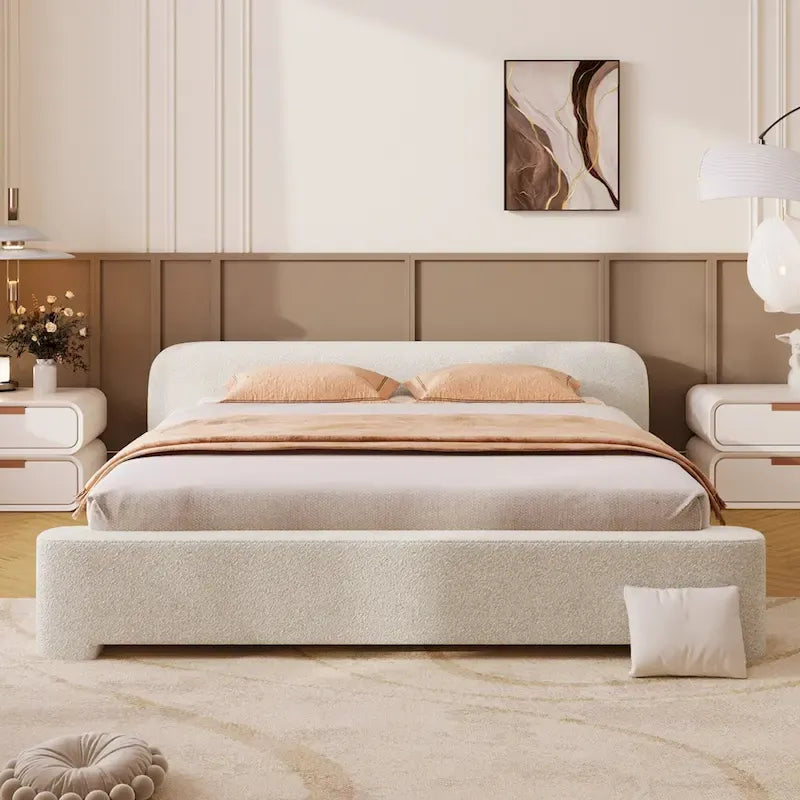 Lit plateforme capitonné en bouclette, cadre de lit Queen moderne en bois avec tête de lit pour chambre à coucher, aucun sommier tapissier requis