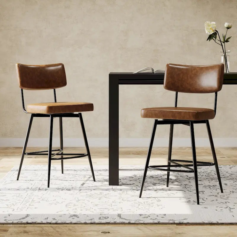 2 tabourets de comptoir rétro pivotants de 26 pouces, lot de 2 chaises de bar en cuir PU avec assise rembourrée et cadre en fer