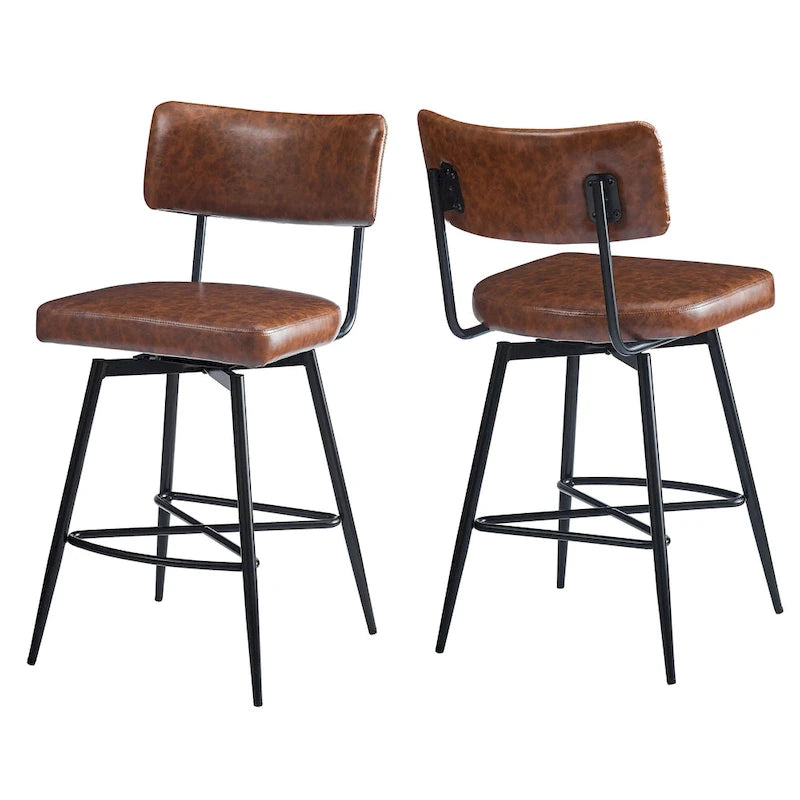 2 tabourets de comptoir rétro pivotants de 26 pouces, lot de 2 chaises de bar en cuir PU avec assise rembourrée et cadre en fer