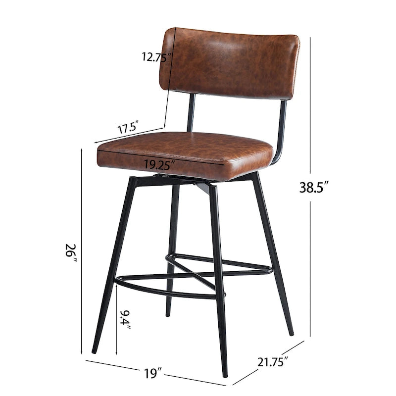 2 tabourets de comptoir rétro pivotants de 26 pouces, lot de 2 chaises de bar en cuir PU avec assise rembourrée et cadre en fer