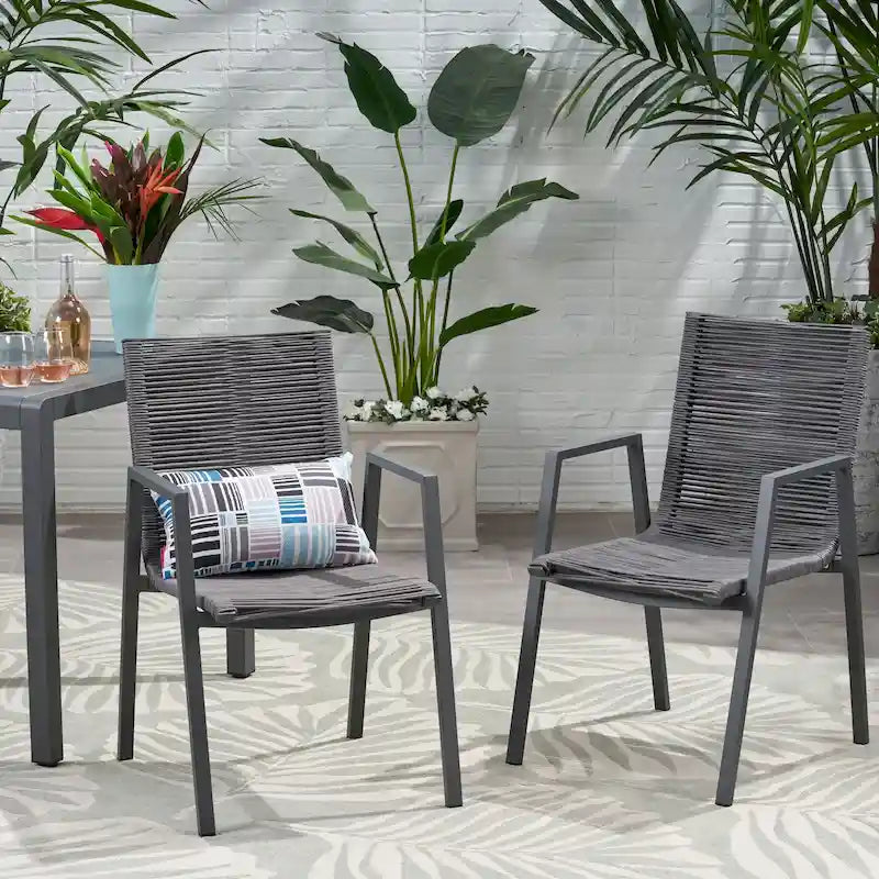 Lot de 2 chaises de salle à manger modernes d'extérieur avec sièges en corde tressée, cadre en aluminium, idéales pour salle à manger, salon, balcon, patio.