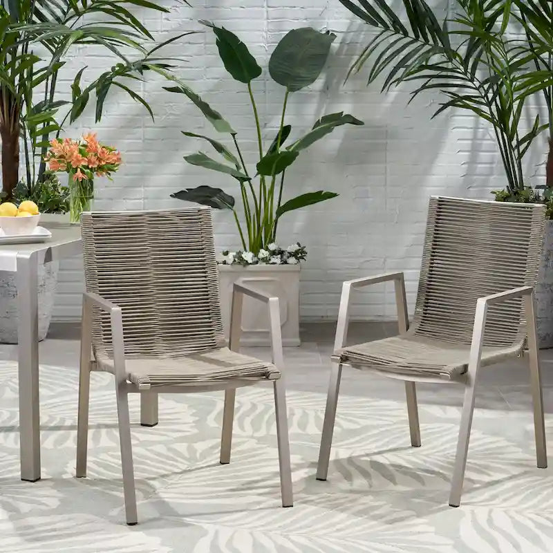 Lot de 2 chaises de salle à manger modernes d'extérieur avec sièges en corde tressée, cadre en aluminium, idéales pour salle à manger, salon, balcon, patio.