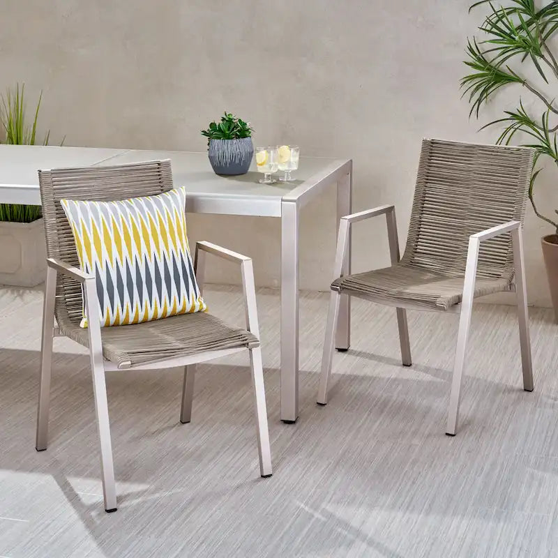 Lot de 2 chaises de salle à manger modernes d'extérieur avec sièges en corde tressée, cadre en aluminium, idéales pour salle à manger, salon, balcon, patio.