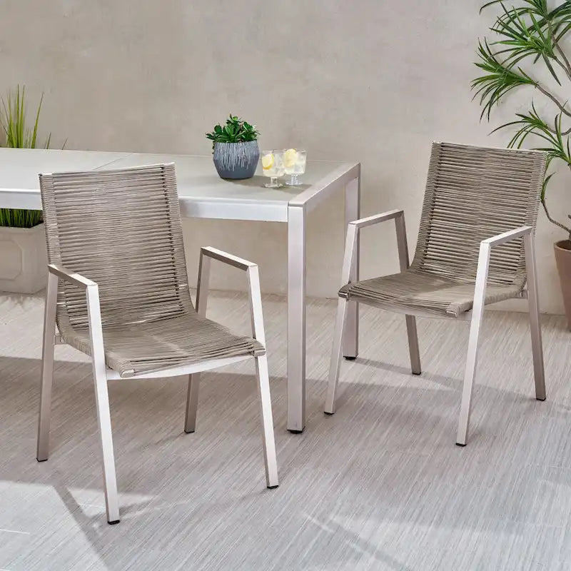 Lot de 2 chaises de salle à manger modernes d'extérieur avec sièges en corde tressée, cadre en aluminium, idéales pour salle à manger, salon, balcon, patio.