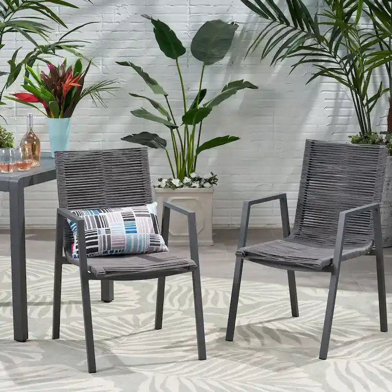 Lot de 2 chaises de salle à manger modernes d'extérieur avec sièges en corde tressée, cadre en aluminium, idéales pour salle à manger, salon, balcon, patio.