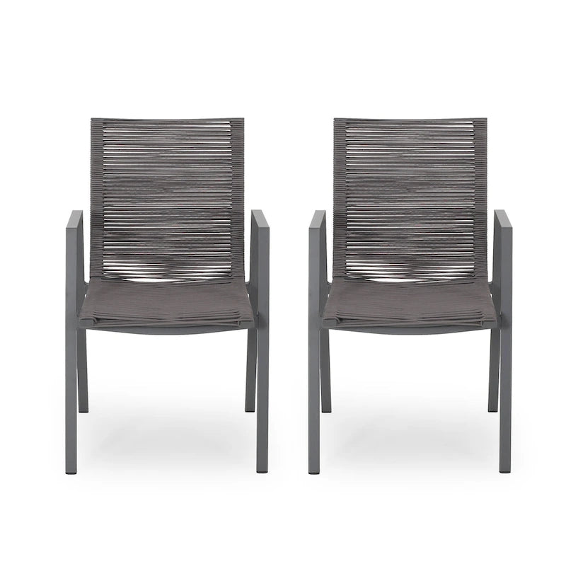Lot de 2 chaises de salle à manger modernes d'extérieur avec sièges en corde tressée, cadre en aluminium, idéales pour salle à manger, salon, balcon, patio.