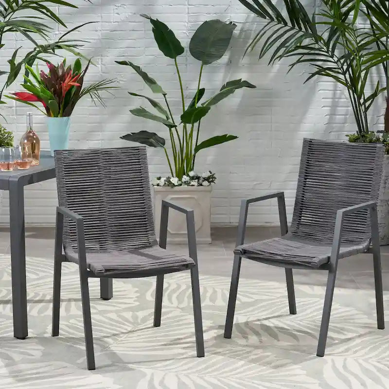 Lot de 2 chaises de salle à manger modernes d'extérieur avec sièges en corde tressée, cadre en aluminium, idéales pour salle à manger, salon, balcon, patio.