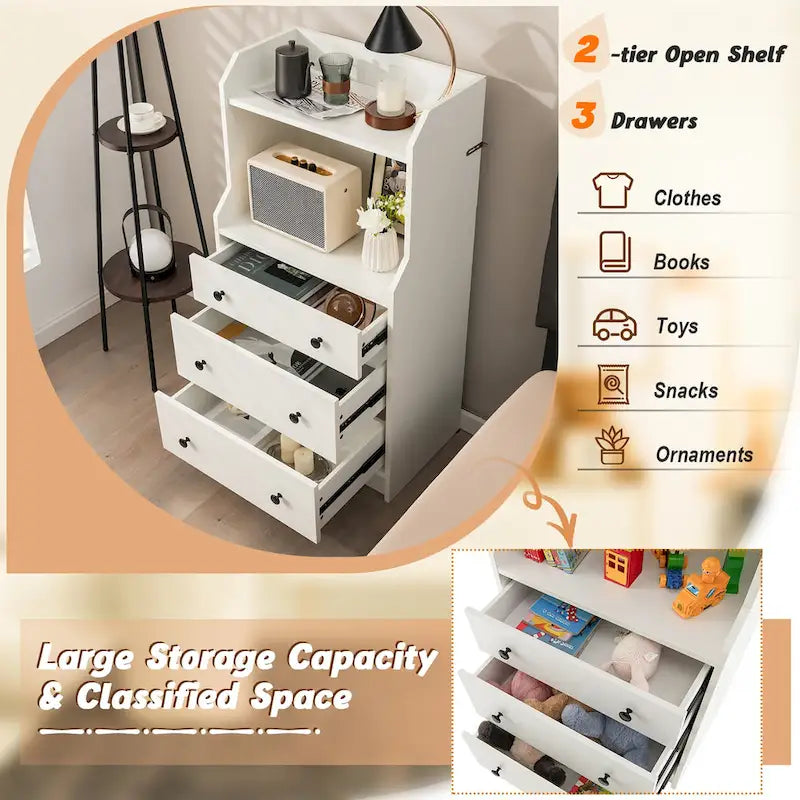 Commode à 3 tiroirs 44" de hauteur en bois Organisateur de rangement avec 2