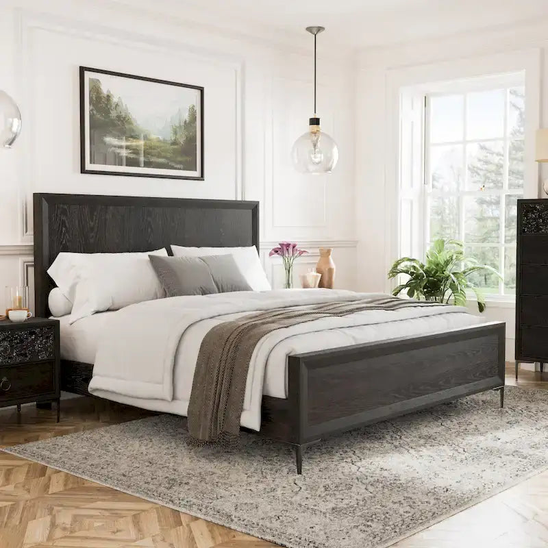 Lit à panneaux en bois massif moderne avec pieds en métal – Très grand lit et grand lit, espresso ou chêne naturel