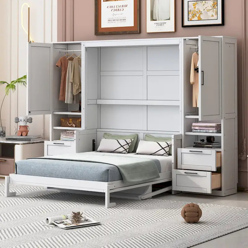 Lit escamotable Queen size avec penderie, bureau, tiroirs et étagères