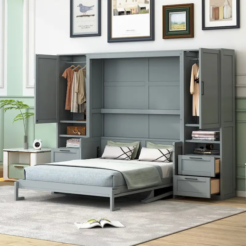 Lit escamotable Queen size avec penderie, bureau, tiroirs et étagères