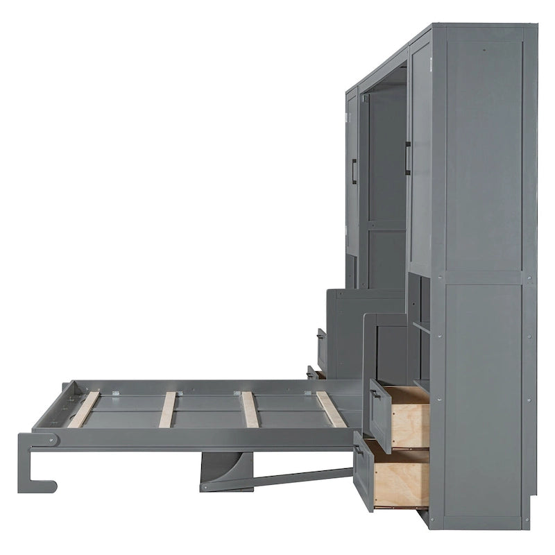 Lit escamotable Queen size avec penderie, bureau, tiroirs et étagères