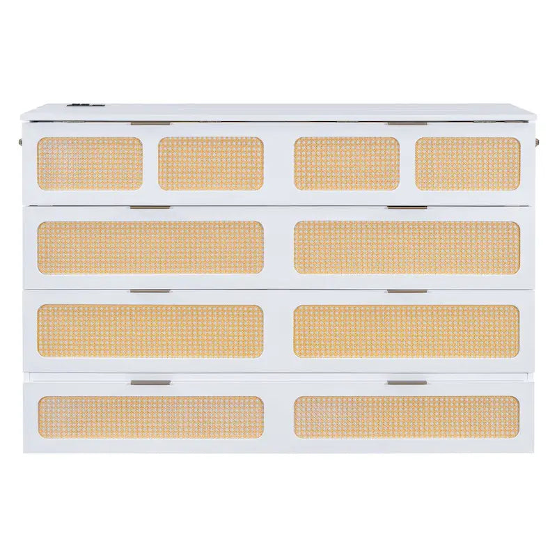 Lit escamotable design en rotin avec tiroirs de rangement, ports USB et prises électriques