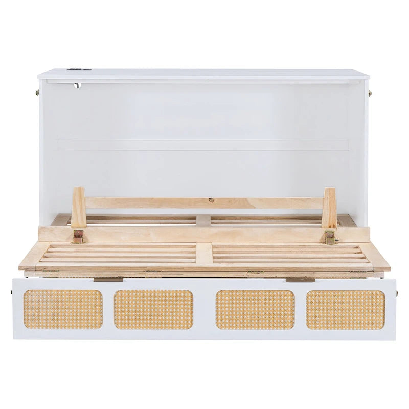 Lit escamotable design en rotin avec tiroirs de rangement, ports USB et prises électriques