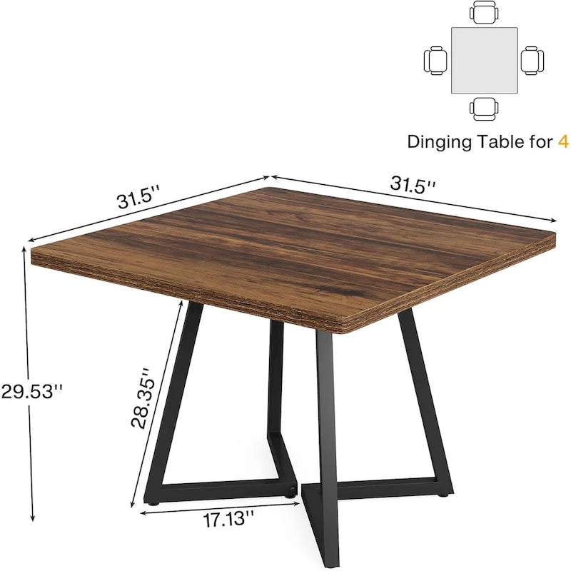Table à dîner carrée industrielle de 31,5 pouces avec base en métal