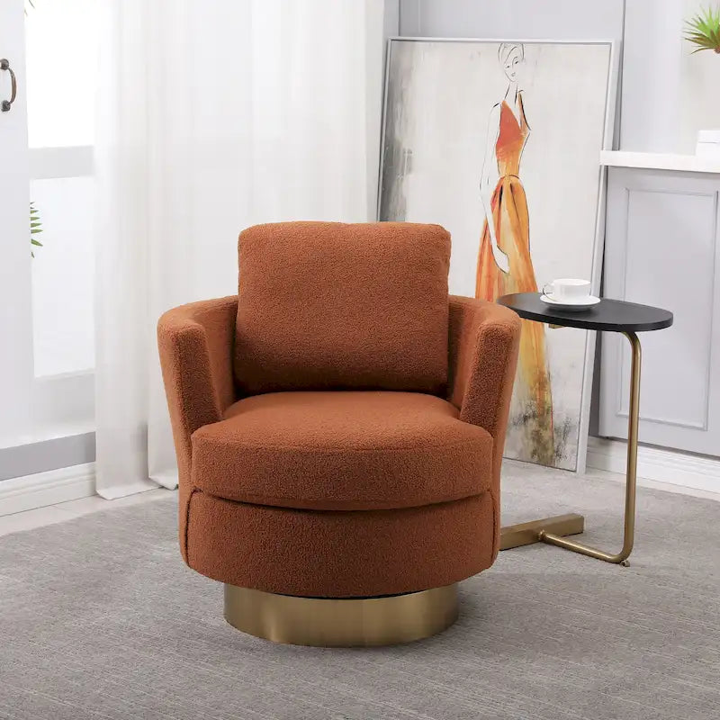 Fauteuil club pivotant rembourré moderne marron 29,6 avec base en acier inoxydable doré
