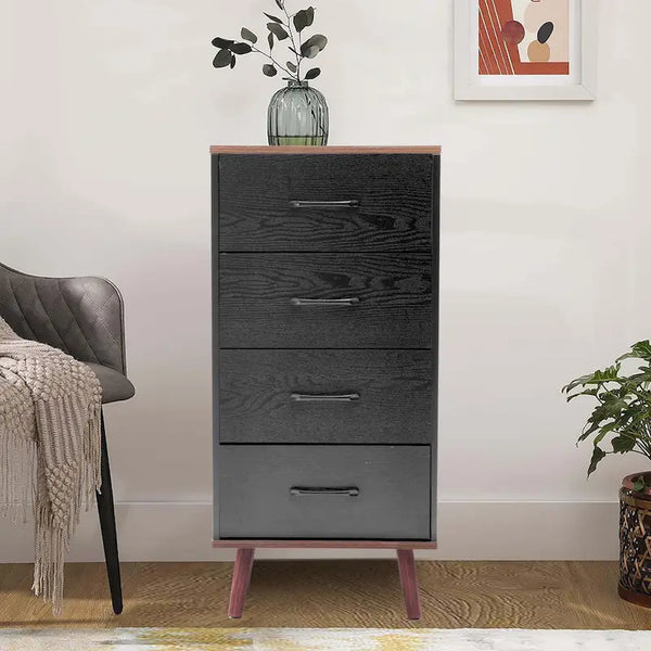 Commode d'appoint à 4 tiroirs en bois manufacturé noir avec touches de marron