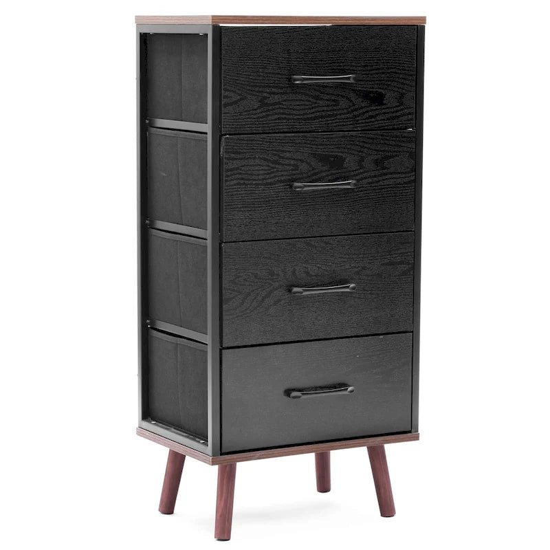 Commode d'appoint à 4 tiroirs en bois manufacturé noir avec touches de marron