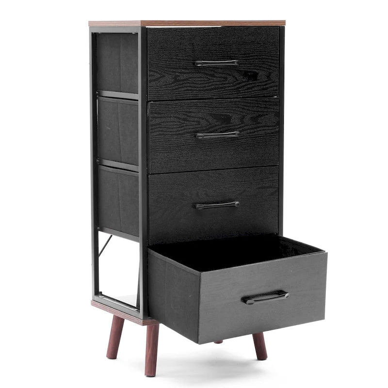 Commode d'appoint à 4 tiroirs en bois manufacturé noir avec touches de marron