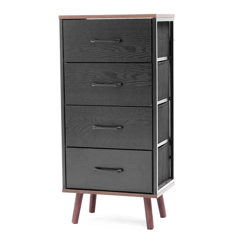 Commode d'appoint à 4 tiroirs en bois manufacturé noir avec touches de marron