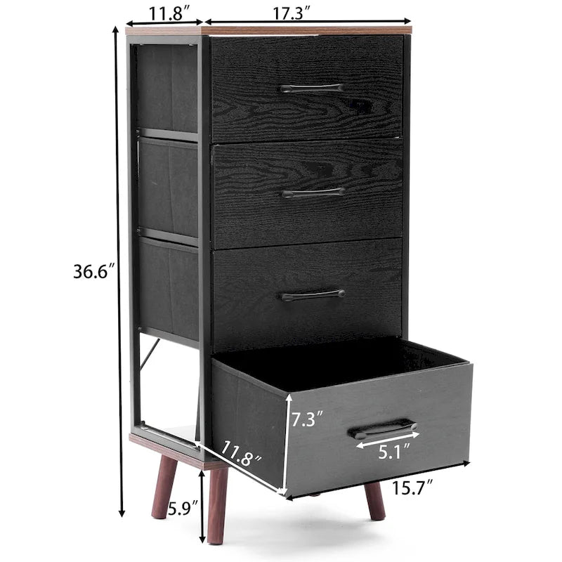 Commode d'appoint à 4 tiroirs en bois manufacturé noir avec touches de marron