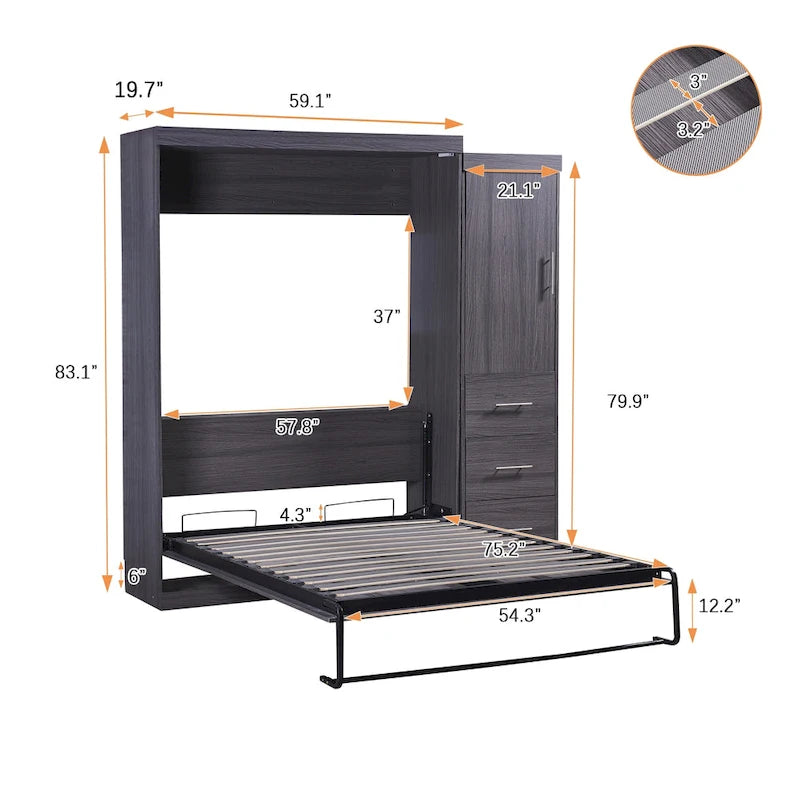 Lit escamotable grand format avec armoire et tiroirs, peut se plier dans une armoire.