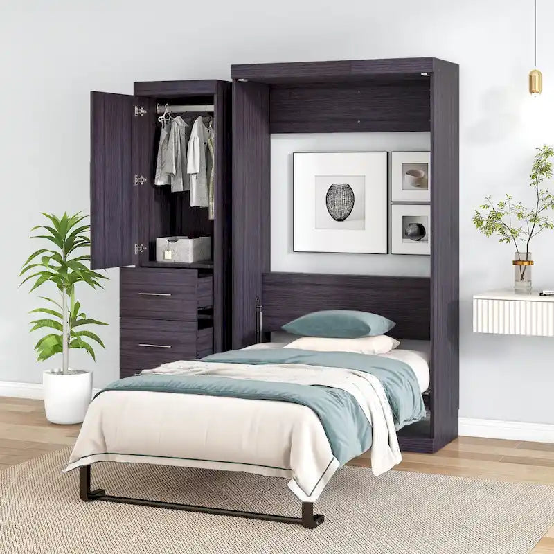 Lit escamotable grand format avec armoire et tiroirs, peut se plier dans une armoire.