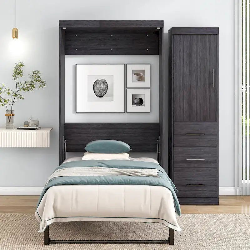 Lit escamotable grand format avec armoire et tiroirs, peut se plier dans une armoire.