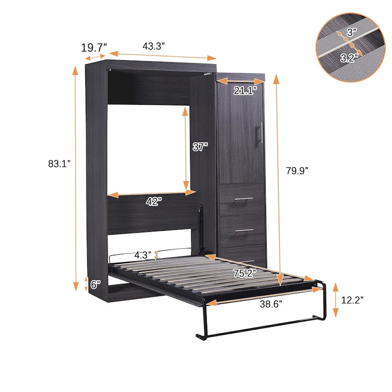 Lit escamotable grand format avec armoire et tiroirs, peut se plier dans une armoire.