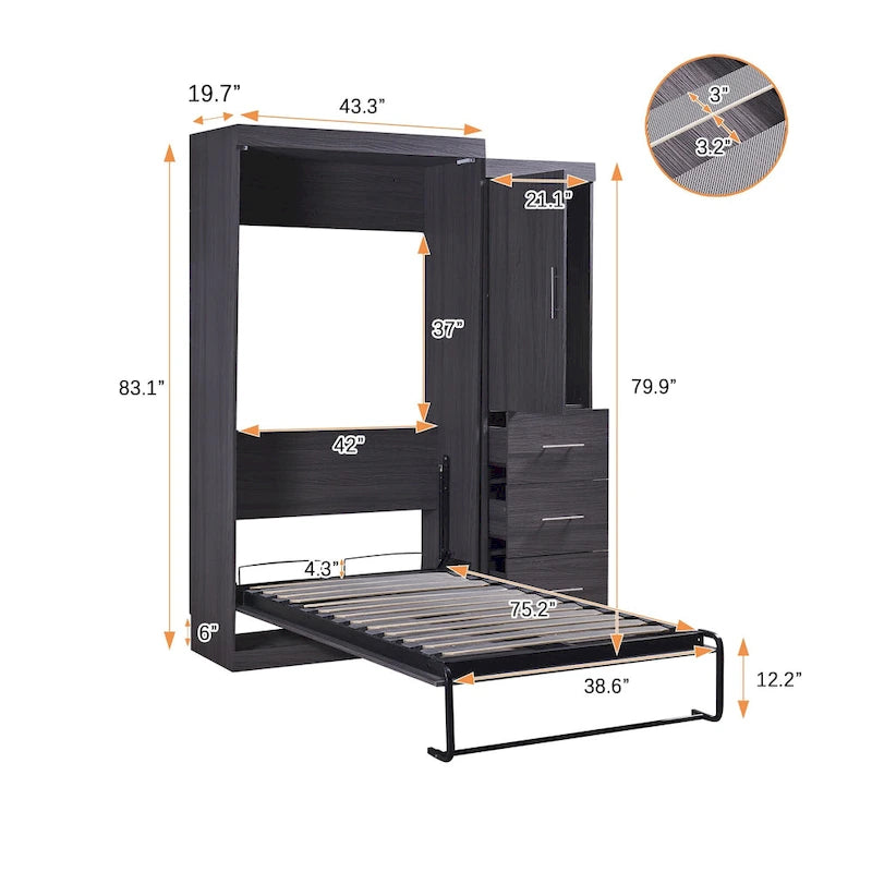 Lit escamotable grand format avec armoire et tiroirs, peut se plier dans une armoire.