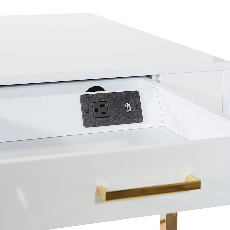 Bureau de télétravail blanc très lustré avec base dorée, tiroirs à fermeture douce et station de charge – 64 po