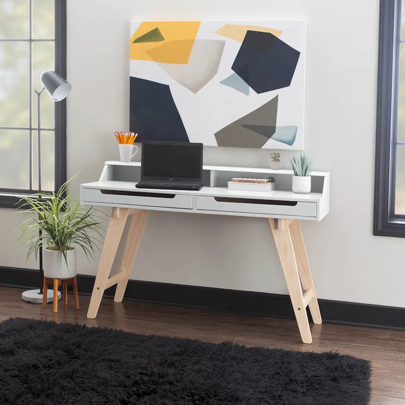 Bureau de travail à domicile avec 2 tiroirs, huche et pieds évasés – Bureau d'écriture de 140 cm en MDF et pin