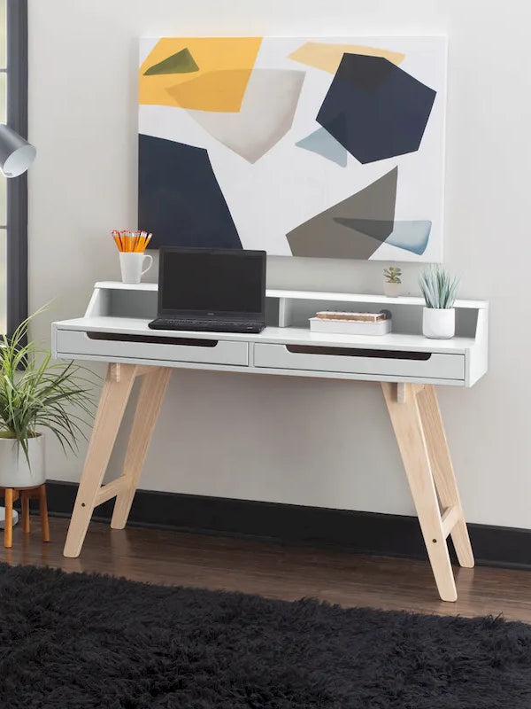 Bureau de travail à domicile avec 2 tiroirs, huche et pieds évasés – Bureau d'écriture de 140 cm en MDF et pin