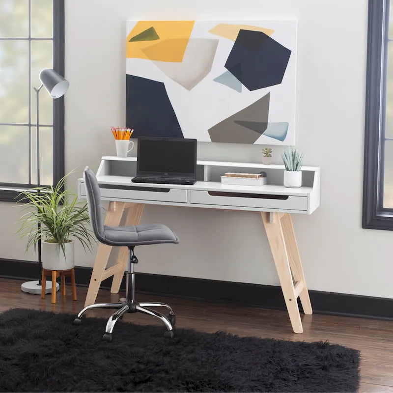 Bureau de travail à domicile avec 2 tiroirs, huche et pieds évasés – Bureau d'écriture de 140 cm en MDF et pin