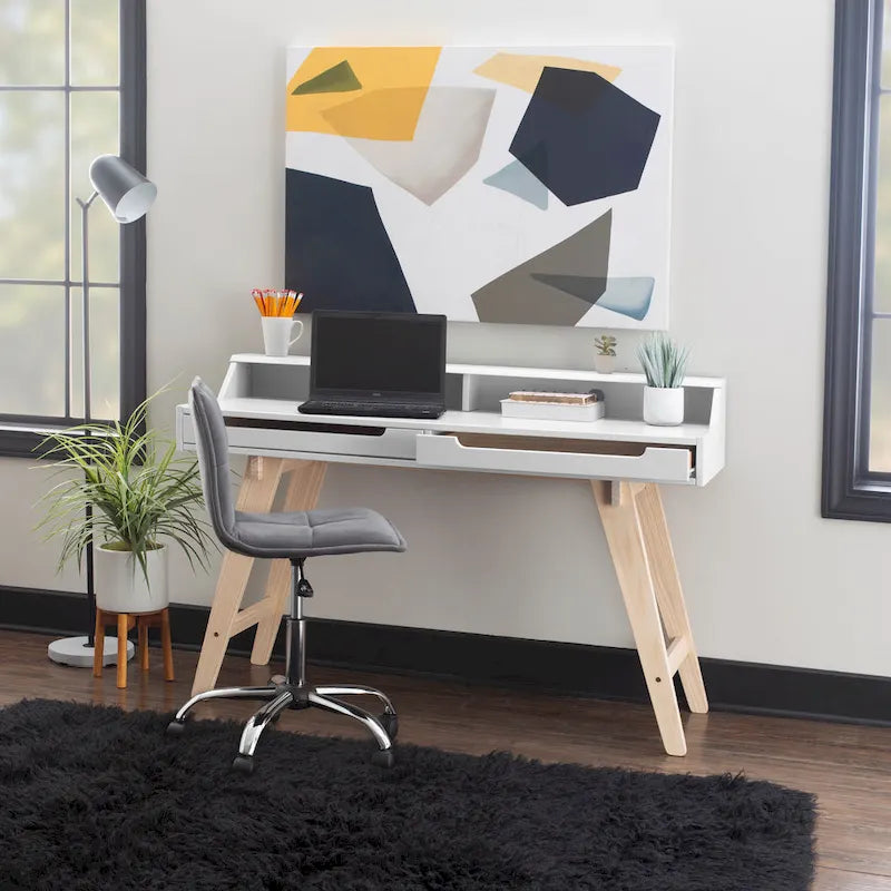 Bureau de travail à domicile avec 2 tiroirs, huche et pieds évasés – Bureau d'écriture de 140 cm en MDF et pin