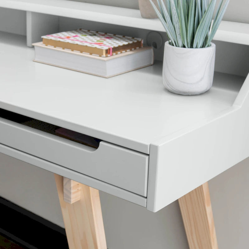 Bureau de travail à domicile avec 2 tiroirs, huche et pieds évasés – Bureau d'écriture de 140 cm en MDF et pin