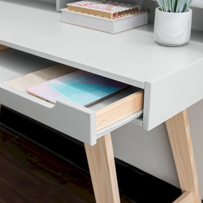Bureau de travail à domicile avec 2 tiroirs, huche et pieds évasés – Bureau d'écriture de 140 cm en MDF et pin