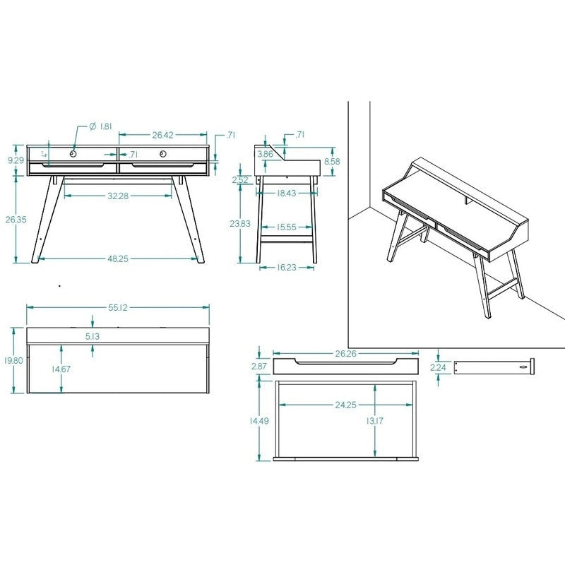 Bureau de travail à domicile avec 2 tiroirs, huche et pieds évasés – Bureau d'écriture de 140 cm en MDF et pin