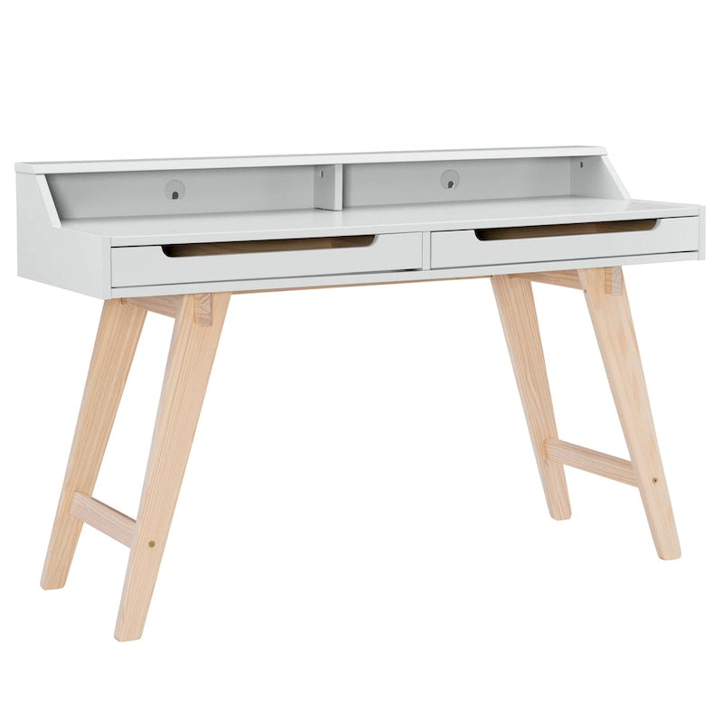 Bureau de travail à domicile avec 2 tiroirs, huche et pieds évasés – Bureau d'écriture de 140 cm en MDF et pin