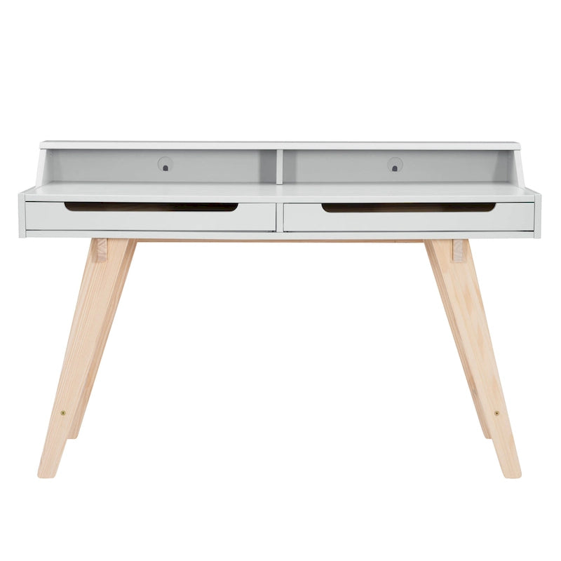 Bureau de travail à domicile avec 2 tiroirs, huche et pieds évasés – Bureau d'écriture de 140 cm en MDF et pin