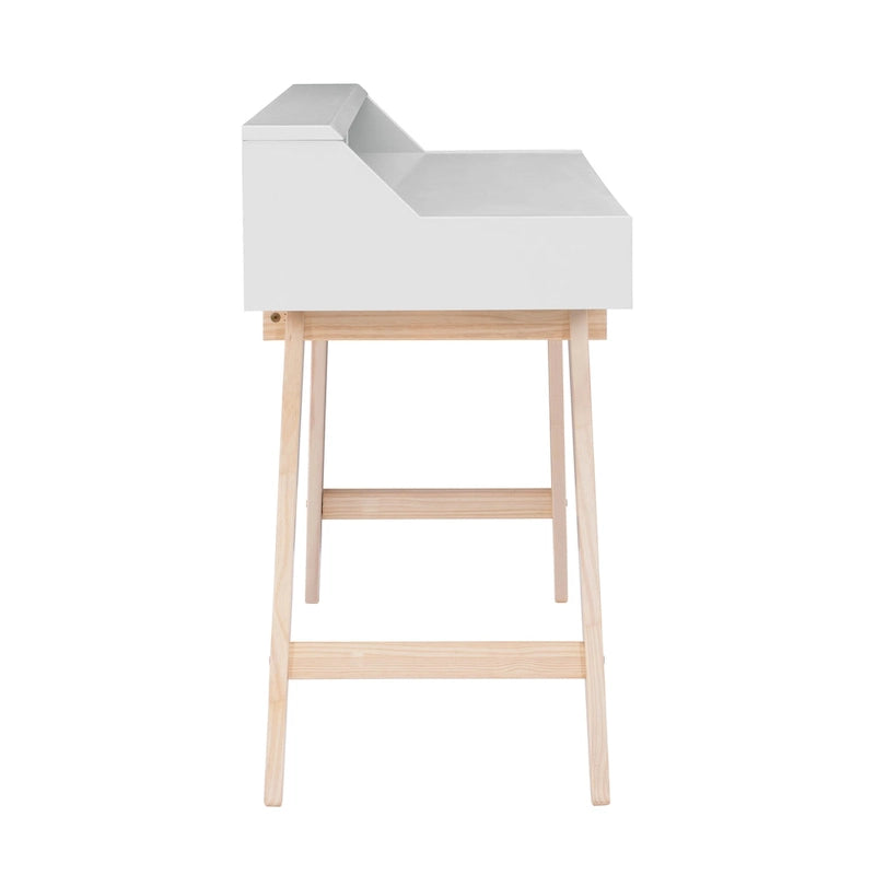 Bureau de travail à domicile avec 2 tiroirs, huche et pieds évasés – Bureau d'écriture de 140 cm en MDF et pin