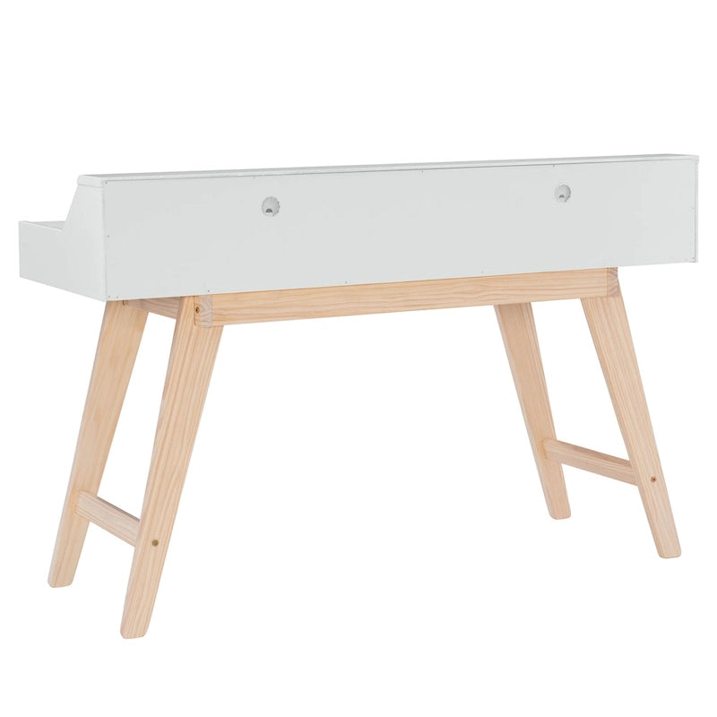 Bureau de travail à domicile avec 2 tiroirs, huche et pieds évasés – Bureau d'écriture de 140 cm en MDF et pin