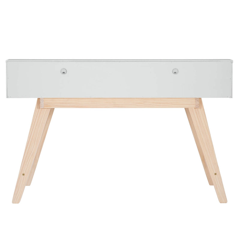 Bureau de travail à domicile avec 2 tiroirs, huche et pieds évasés – Bureau d'écriture de 140 cm en MDF et pin