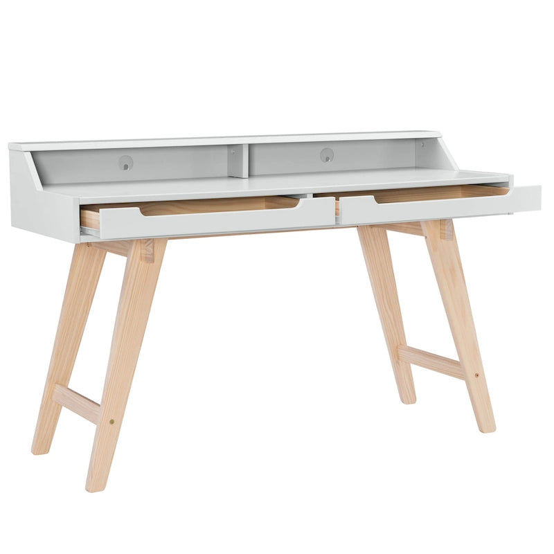 Bureau de travail à domicile avec 2 tiroirs, huche et pieds évasés – Bureau d'écriture de 140 cm en MDF et pin